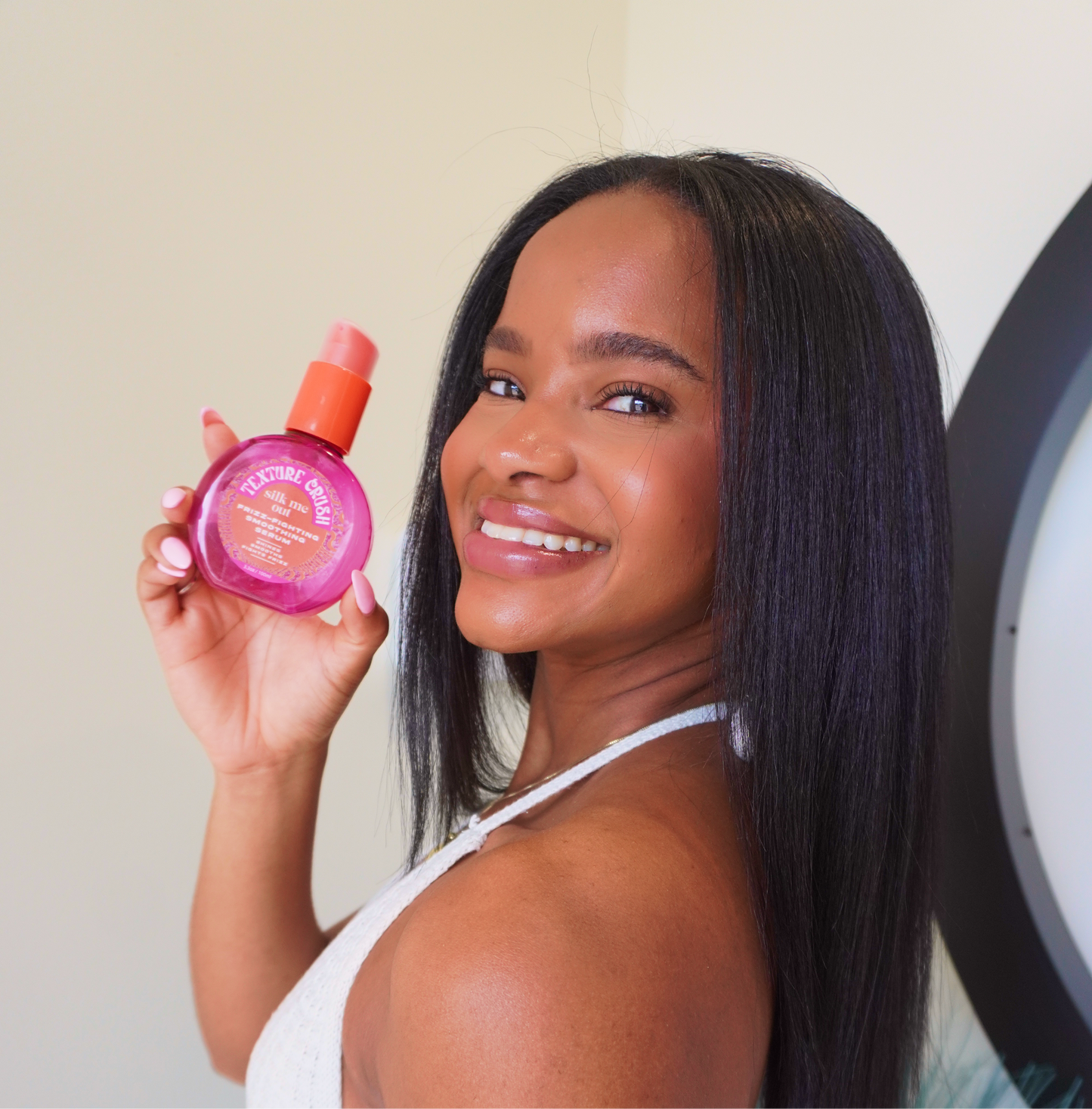 Silk press on natural hair using Texture Crush products, smooth, shiny, humidity-resistant results